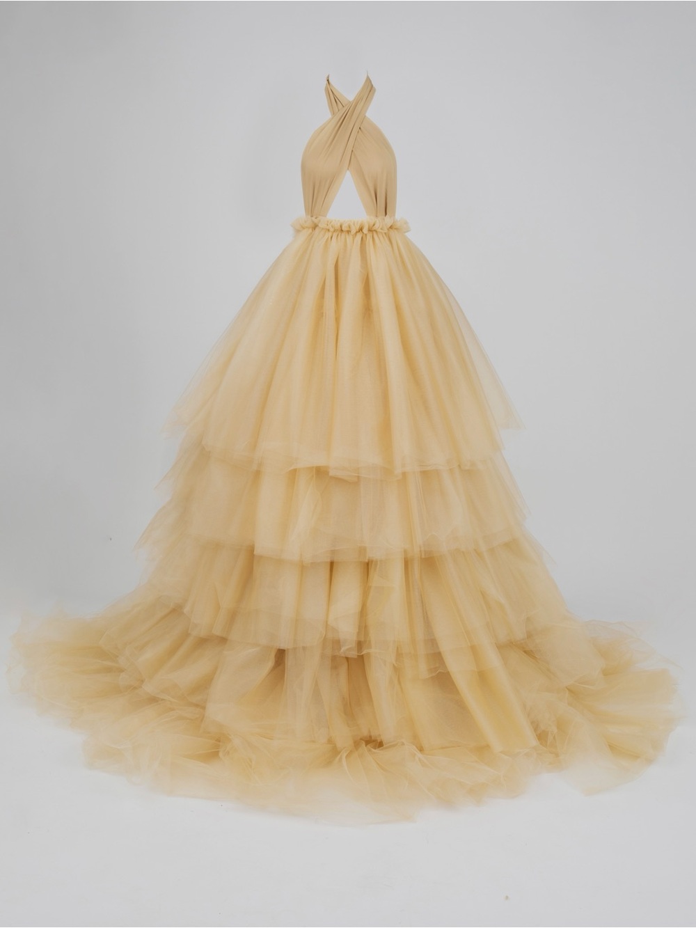 Tiered Cream/Gold Halter Tulle Prom Gown